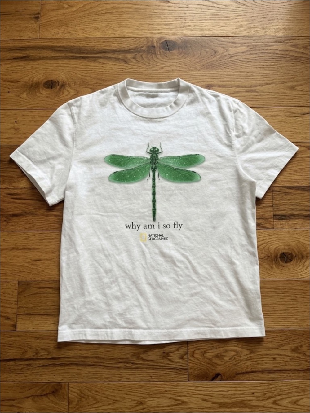 White T-Shirt with Green Dragonfly Graphic
